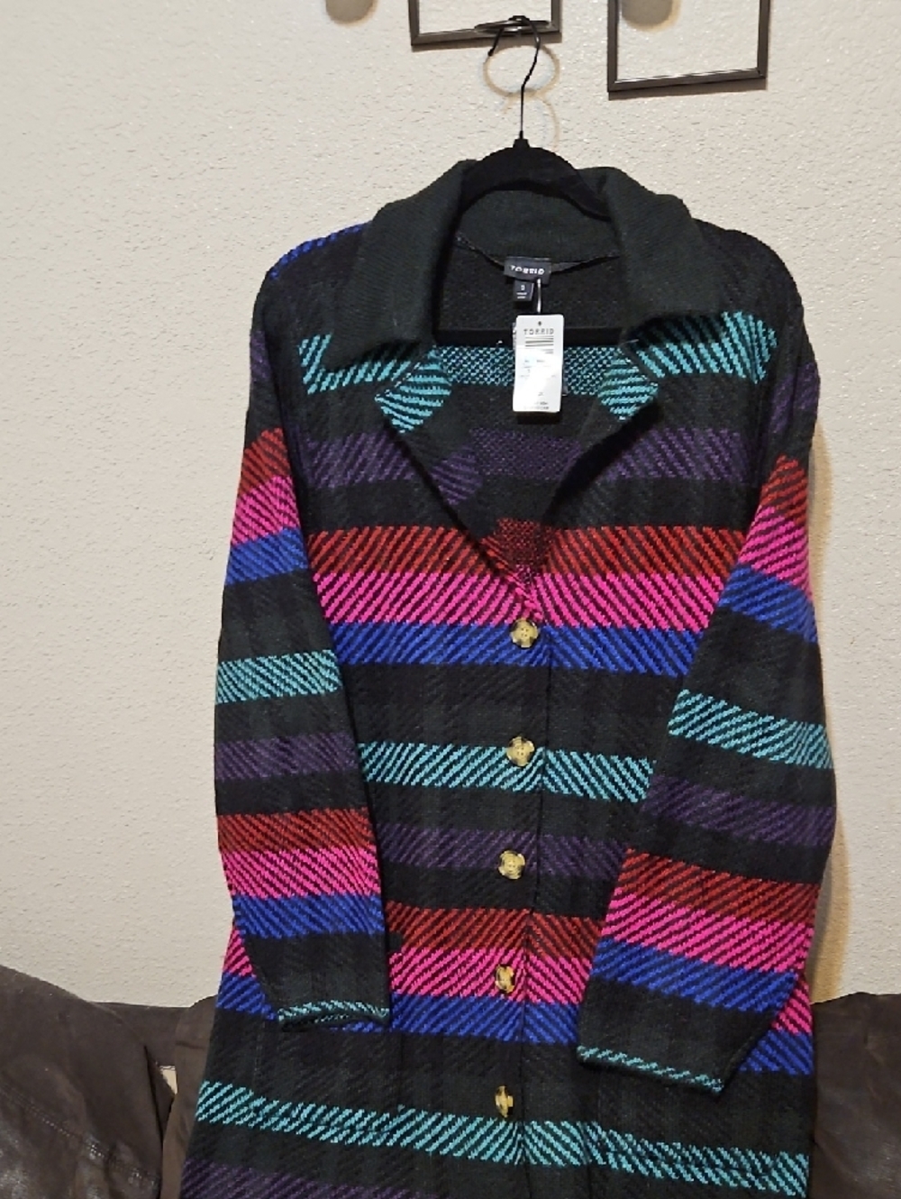torrid Black Multi-Stripe Button Front Cardigan Coat - Picture 3 of 9